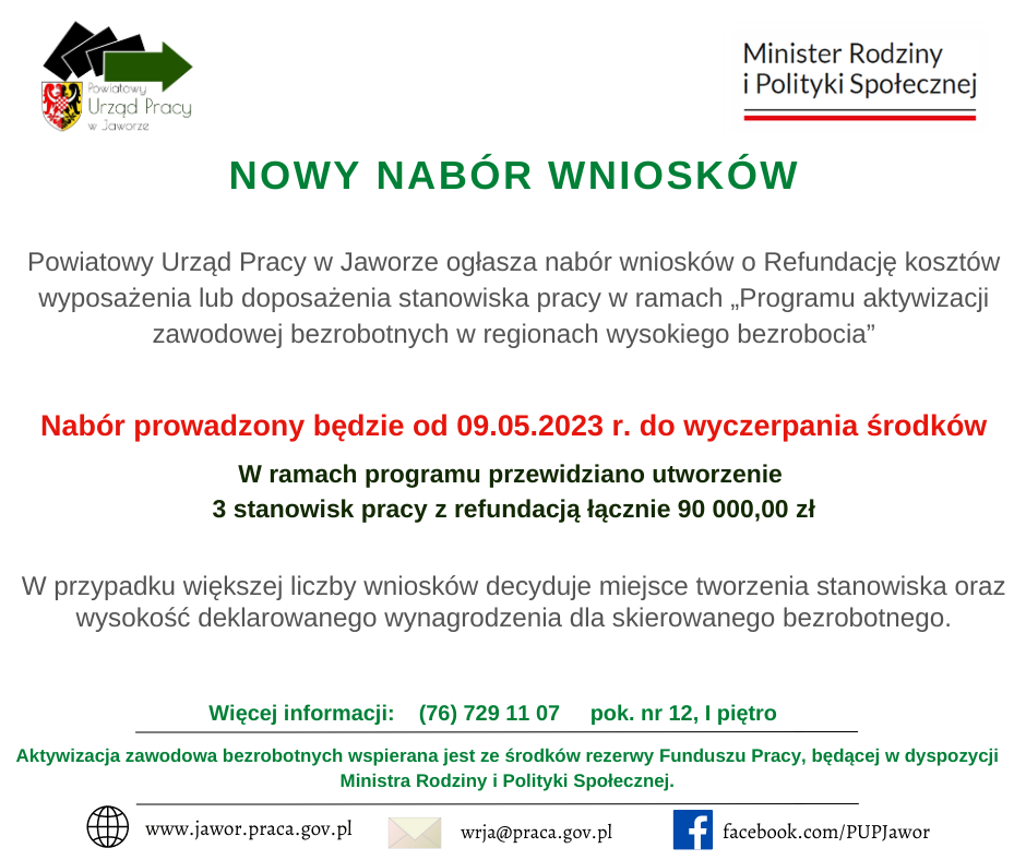 Nabór wniosków - refundacja kosztów wyposażenia lub doposażenia stanowiska pracy - maj 2023